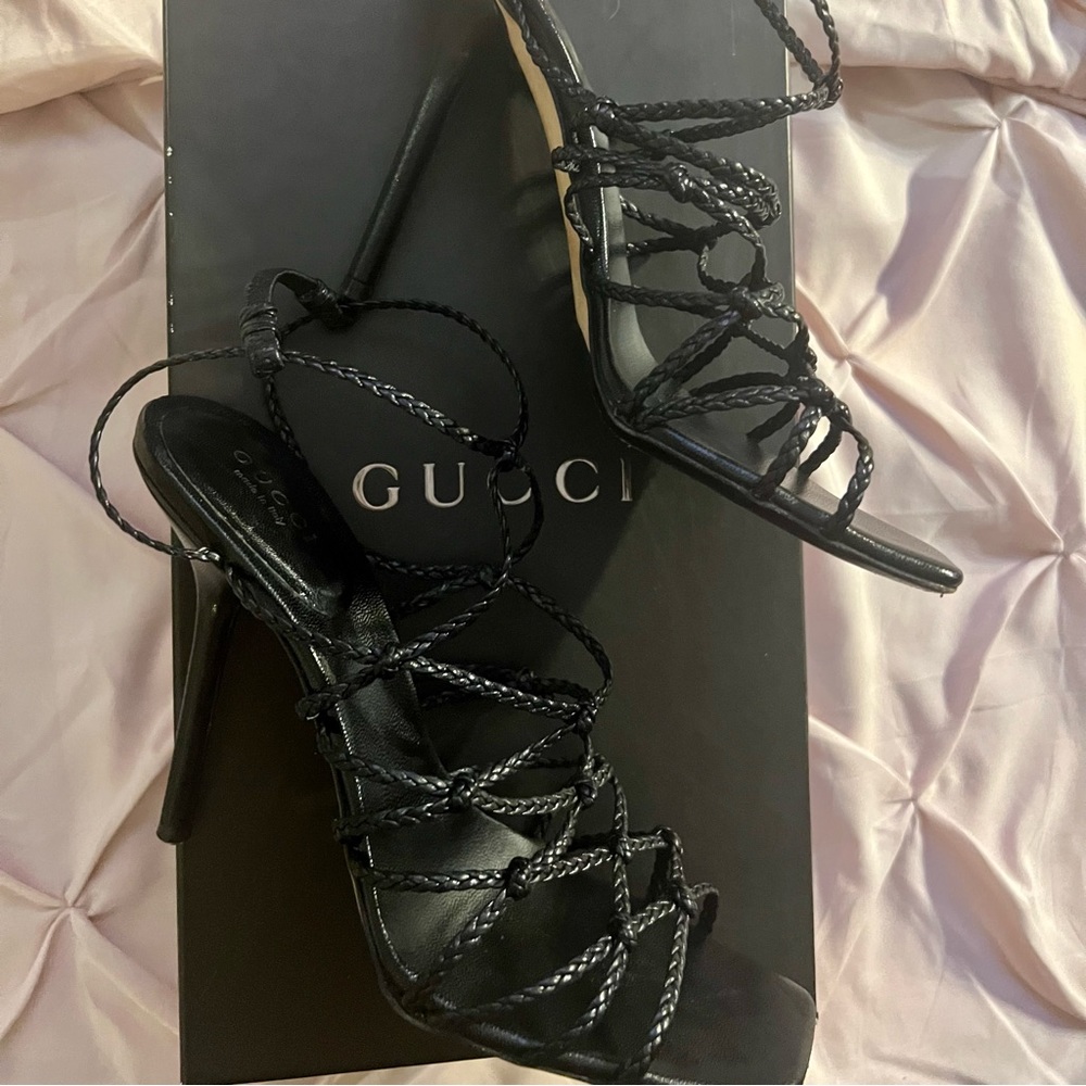 Black Gucci braided cage heels